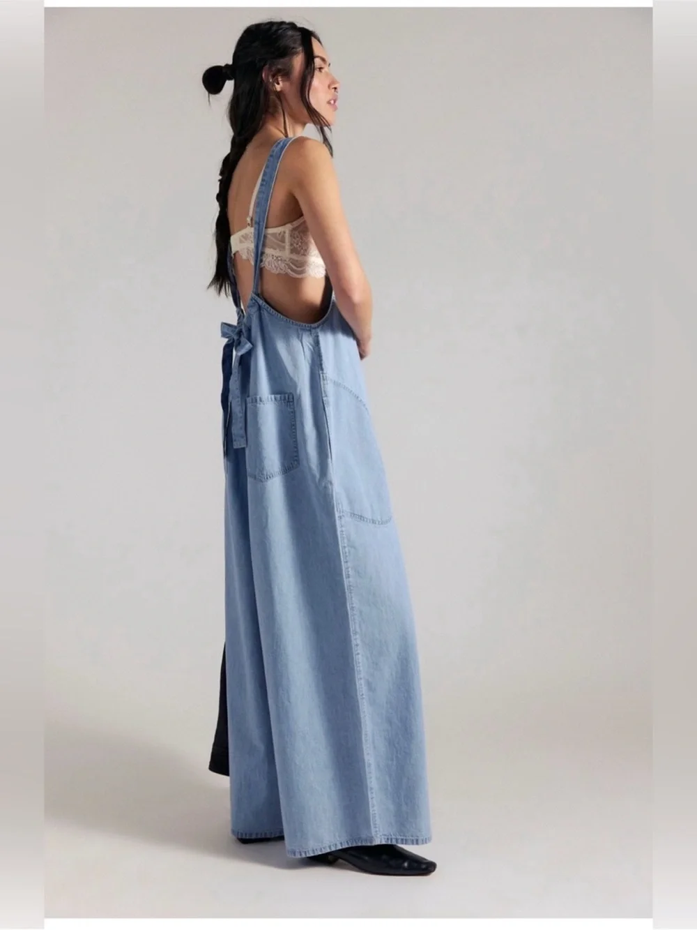 Free People Light Blue Wide-Leg Denim Jumpsuit